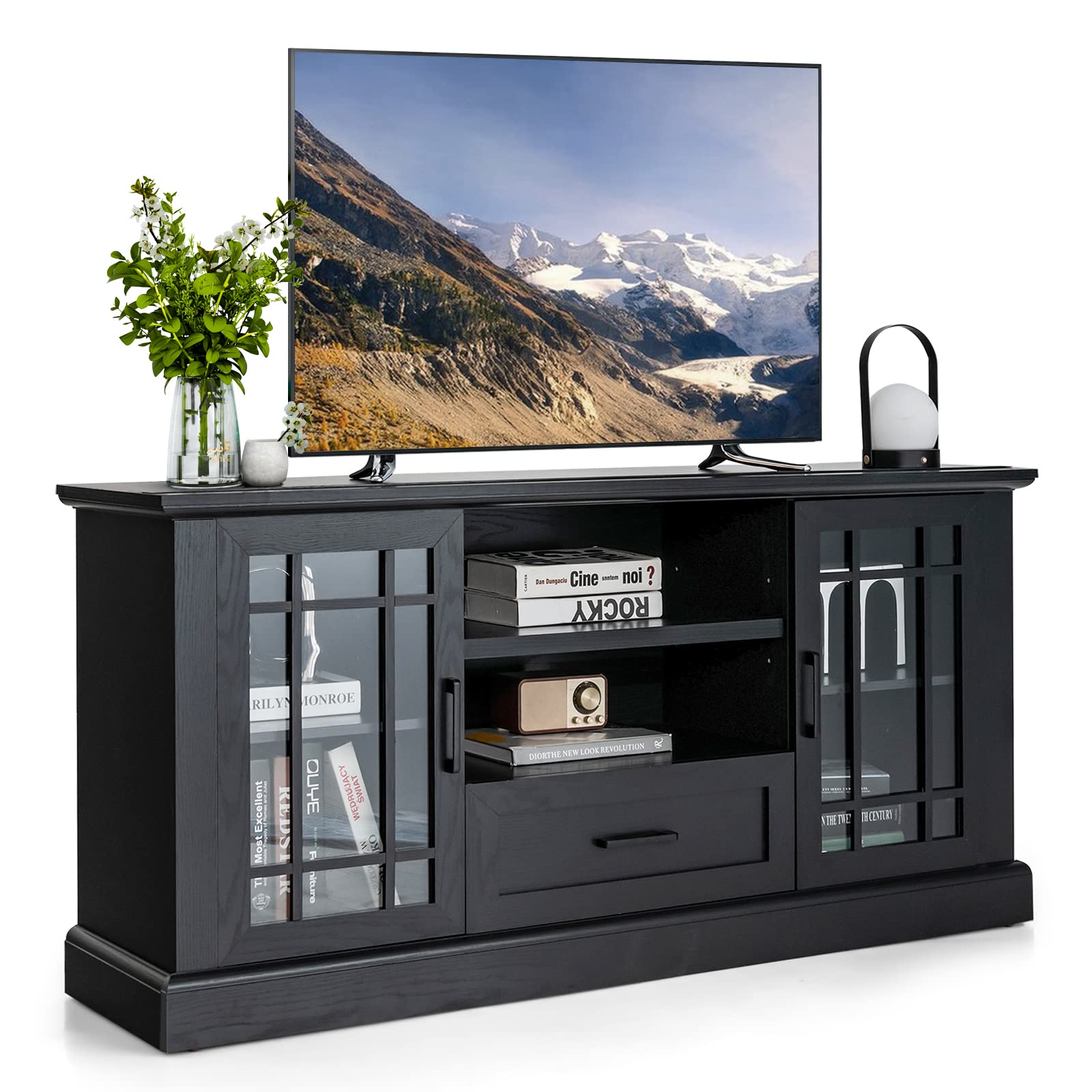 Tangkula Farmhouse TV Stand for TV up to 70 Inch, Tall Media Console Table with 2 Glass Doors